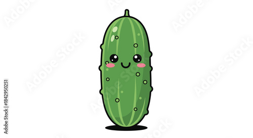 Adorable and cheerful cartoon cucumber with a delightful smiling face, showcasing a fresh and healthy vegetable against a clean white background.