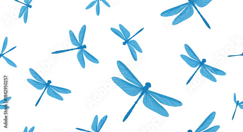 Graceful and detailed seamless pattern showcasing multiple blue dragonflies elegantly fluttering across a clean white background.