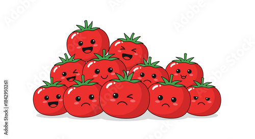 Amusing and diverse collection of cartoon tomato characters, piled together, each expressing a wide range of emotions from joy to sadness.