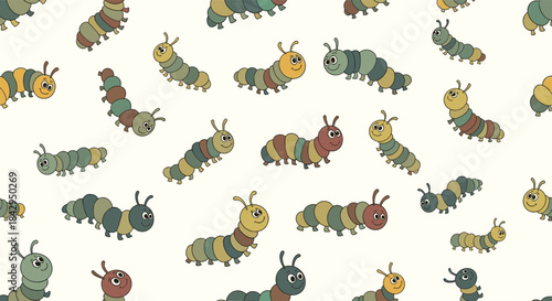 Adorable and playful seamless pattern featuring numerous colorful cartoon caterpillars wiggling and smiling across a light background.
