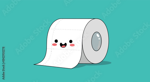 Humorous and engaging cartoon toilet paper roll featuring an adorable smiling face, conveying cleanliness and everyday cheer, on a teal background.