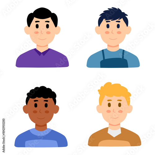 A vector illustration of four diverse male avatars with friendly expressions. They feature various hair styles, skin tones, and clothing, showcasing inclusivity in a clean, flat design style.
