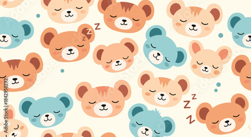 Adorable and calming seamless pattern featuring numerous cute cartoon sleeping bear faces in gentle blue and brown hues, perfect for nursery decor.