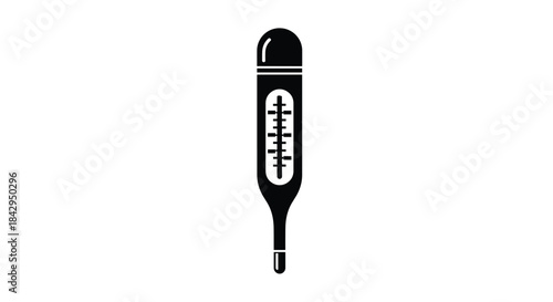 Clear and concise black silhouette icon of a medical thermometer, effectively representing health, temperature measurement, and diagnostics.