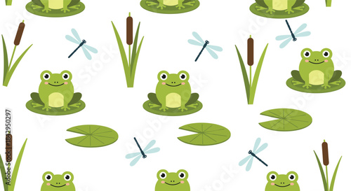 Charming and lively seamless pattern featuring cartoon frogs, delicate dragonflies, floating lily pads, and tall cattails, depicting pond life.