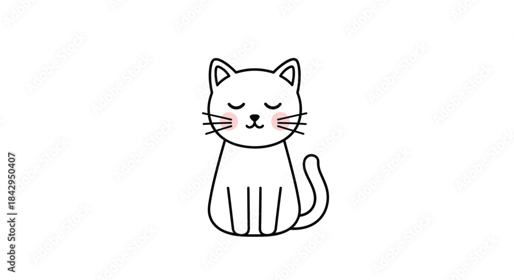 Obraz premium Cute minimalist white cat sits upright with a calm expression closed eyes and pink cheeks in a clean simple line drawing intended for feline charm and serenity.