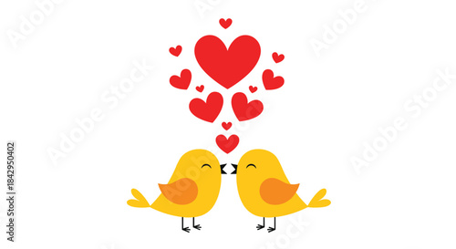 Two bright yellow birds share a tender kiss beneath a shower of red hearts in a cheerful cartoon scene filled with love and warmth.