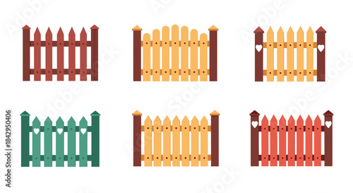 Six decorative wooden fences in different colors are arranged in two rows to illustrate garden boundary designs and color variations for landscape styling.