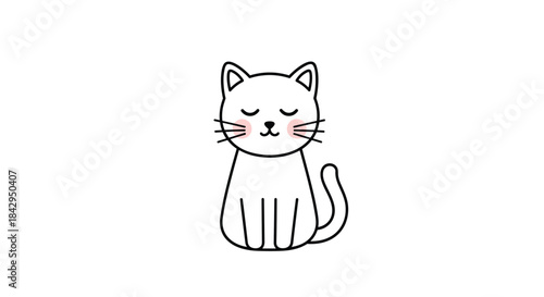Cute minimalist white cat sits upright with a calm expression closed eyes and pink cheeks in a clean simple line drawing intended for feline charm and serenity.