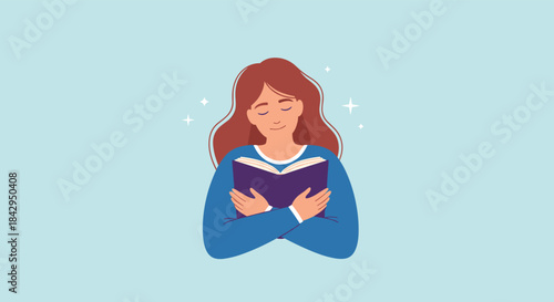 Calm reader holds a book close with eyes closed and a gentle smile as soft light surrounds her and stars sparkle in background in a peaceful moment of reading.
