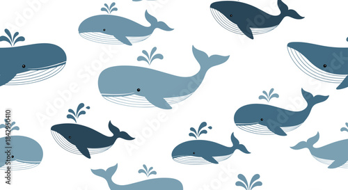 Ocean themed seamless pattern of blue whales in varying shades with water spouts on a white background suitable for decorative textile design.