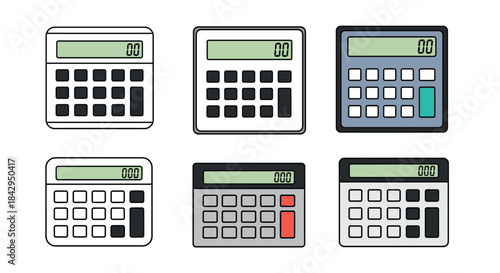Six different calculators with varying colors and keypad layouts are arranged in two rows of three forming a diverse collection display.