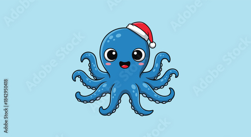 Cheerful cartoon blue octopus wearing a red Santa hat smiles with wide eyes as small bubbles float around it on a pale blue background.