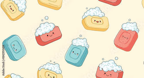 Playful illustrated bars of soap with smiling faces and foamy tops scattered on a soft beige background create a cheerful bath time scene.