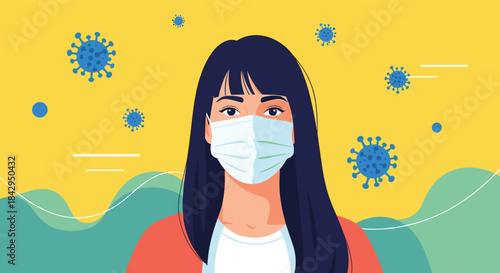 Person wearing a protective face mask stands outdoors against a bright yellow background with stylized virus icons in the distance.