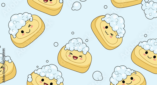 Playful steamed buns with fluffy foam toppers drift across a soft blue background in a seamless kawaii pattern perfect for cute food themed designs.