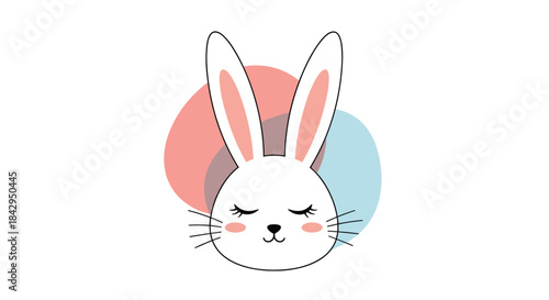 Pastel bunny head with closed eyes and pink cheeks rests serenely against soft circular shapes in a calm whimsical illustration perfect for spring.