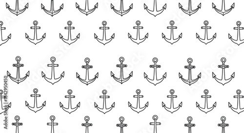 Repetitive and classic seamless pattern of black outline anchors scattered randomly across a clean white background, ideal for nautical themes.