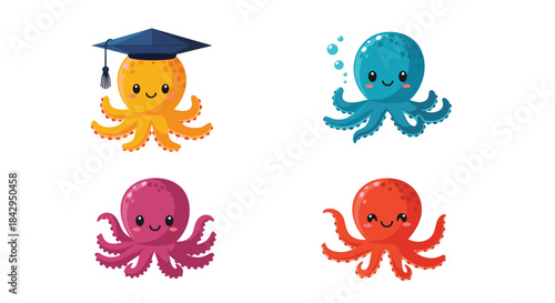 Cheerful illustrated octopuses in bright colors create a playful underwater scene celebrating curiosity learning and friendship with smiling faces.