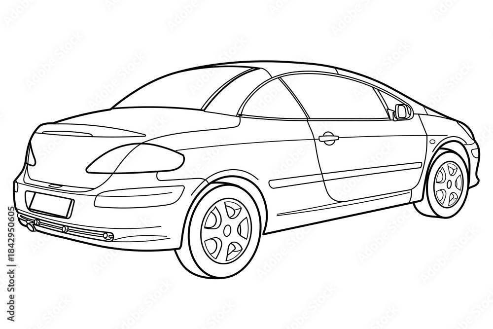Naklejka premium City coupe convertible sport car. Style of 90s, 00s. Different five view shot - front, rear, side and 3d. Outline doodle vector illustration