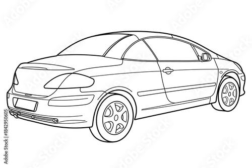 City coupe convertible sport car. Style of 90s, 00s. Different five view shot - front, rear, side and 3d. Outline doodle vector illustration