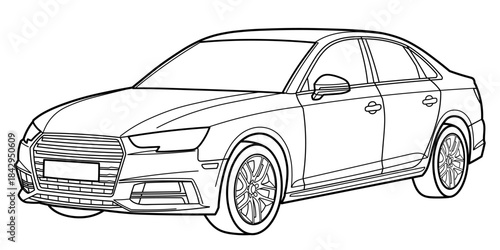 Classic business class sedan car. 4 door car on white background. Side view shot. Outline doodle vector illustration