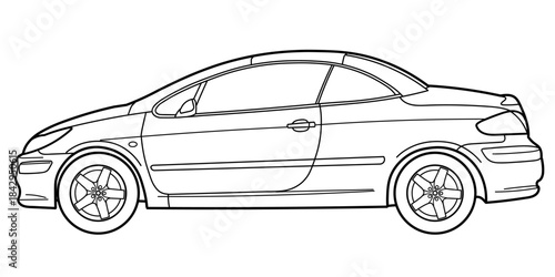 City coupe convertible sport car. Style of 90s, 00s. Different five view shot - front, rear, side and 3d. Outline doodle vector illustration