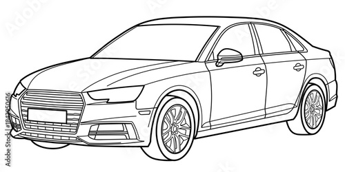 Classic business class sedan car. 4 door car on white background. Side view shot. Outline doodle vector illustration