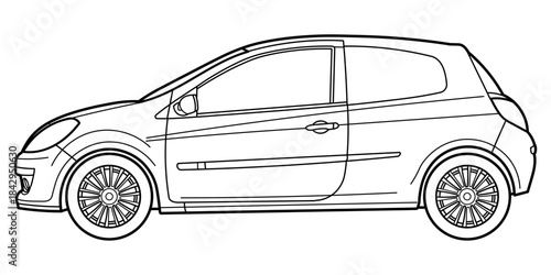 Outline drawing of a hatchback car from side view. Classic style of 80s, 90s. Vector outline doodle illustration. Design for print or color book