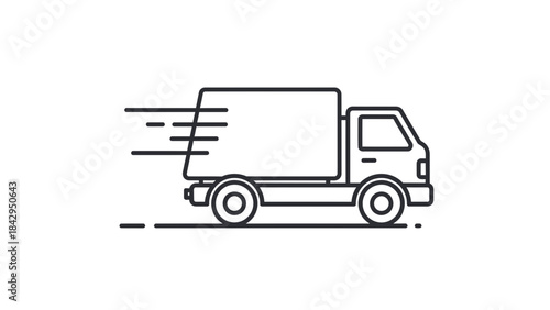 Simple line art icon depicting a fast delivery truck moving quickly across a dark background for logistics on transparent background