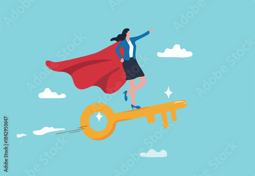 Key success to unlock true potential to win business or career improvement, moving forward for bright future, new opportunity or business direction concept, businesswoman leader ride gold key success