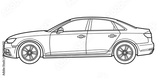 Classic business class sedan car. 4 door car on white background. Side view shot. Outline doodle vector illustration
