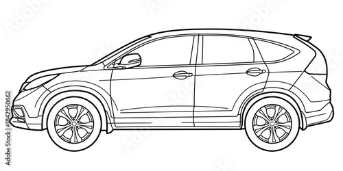Classic luxury suv car. Crossover car front view shot. Outline doodle vector illustration. Design for print, coloring book.