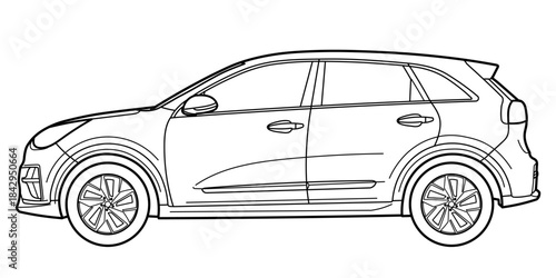 Classic luxury suv car. Crossover car front view shot. Outline doodle vector illustration. Design for print, coloring book.