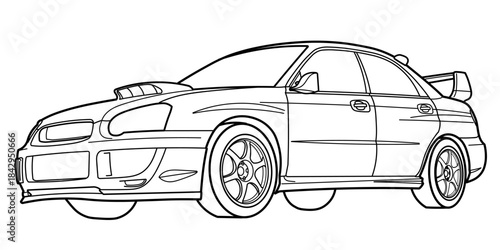 Outline drawing of a sport car, side view. Vector doodle illustration from is a sports sedan and rally car.