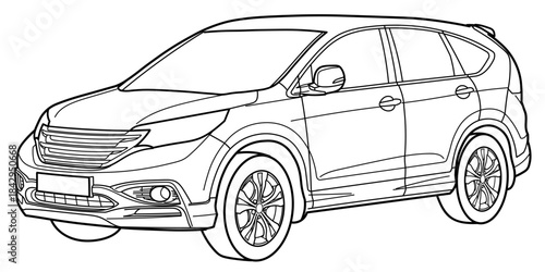 Classic luxury suv car. Crossover car front view shot. Outline doodle vector illustration. Design for print, coloring book.