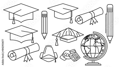 Graduation and education icons set featuring mortarboards diplomas pencils and a globe in a pattern on transparent background