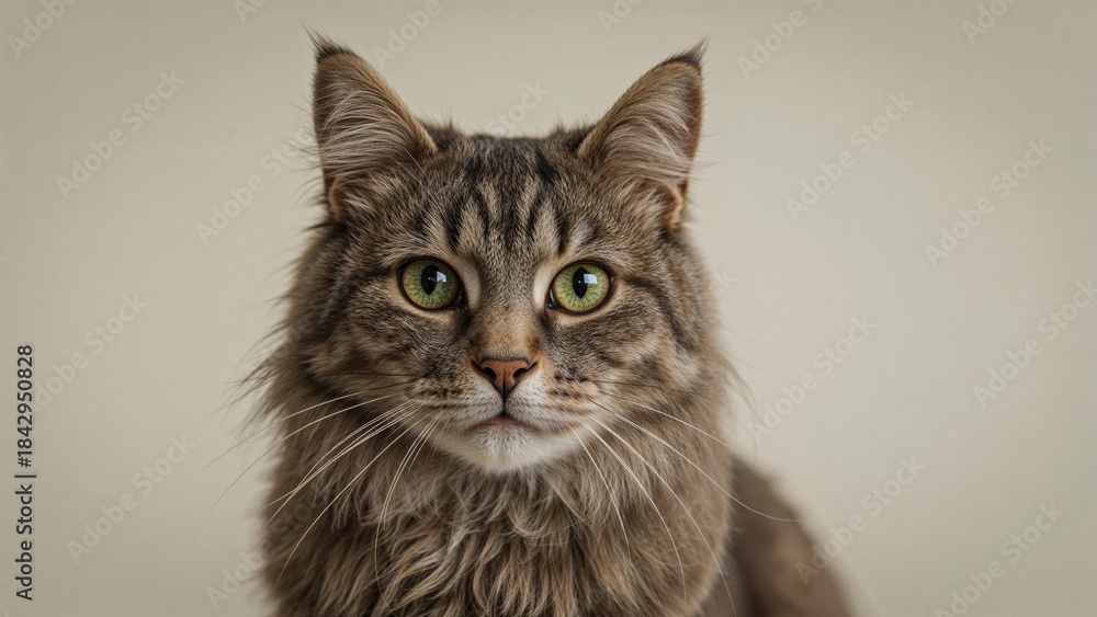 Obraz premium Close-up of a domestic cat with green eyes and long fur, facing forward. Pet and animal, feline, cute and adorable. The concept of pets and animals.