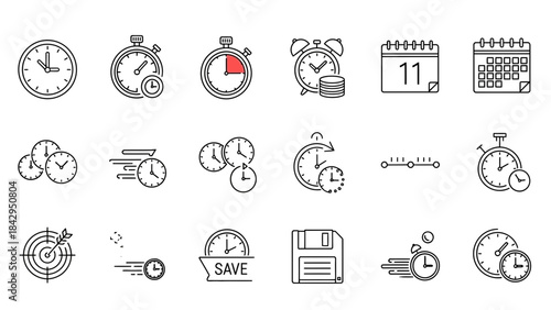 Collection of minimalist line icons representing time management scheduling progress and deadline concepts on transparent background