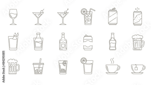 Collection of outline icons representing various beverages including alcoholic drinks sodas and hot tea perfect for menus on transparent background