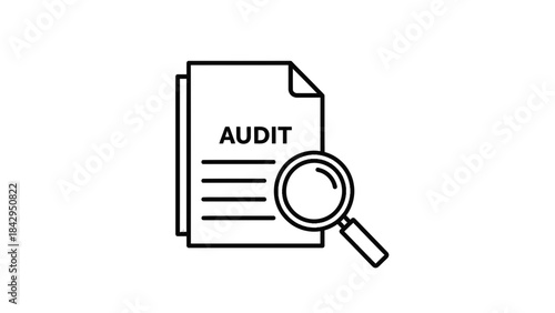 Financial audit icon representing meticulous examination of documents with a magnifying glass on dark background on transparent background