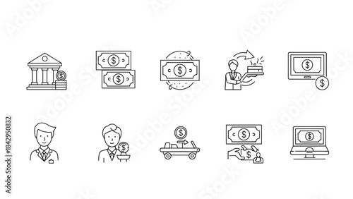 Set of ten simple line icons representing various financial transactions banking and money management concepts on transparent background