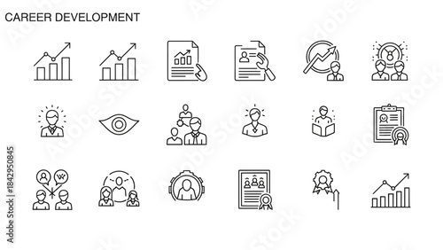 Set of thin line icons representing various concepts related to professional career development and growth on transparent background