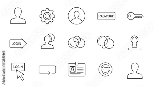 Set of thin line user interface icons representing security access login settings and profile management functions on transparent background