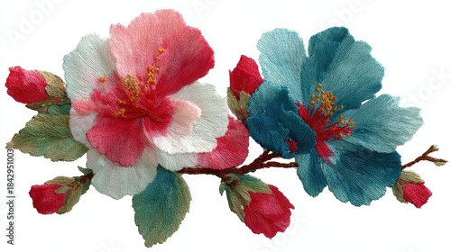 Bright floral embroidery design showing detailed red and blue flowers with green leaves on a white background ideal for textile applications and craft projects