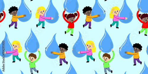 cute seamless pattern of cartoon kids carrying large water drops repeat background world water day conservation print design ecological awareness