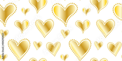 elegant seamless pattern with shiny gold openwork hearts on white background luxury wallpaper design tile love romance wedding invitation texture vector