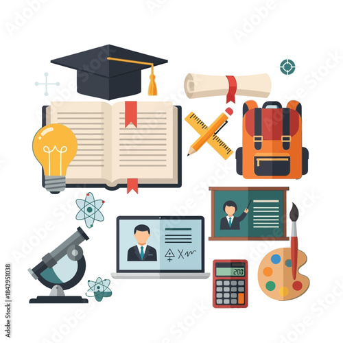 Collection of flat design education icons representing learning knowledge science art and graduation achievement on transparent background