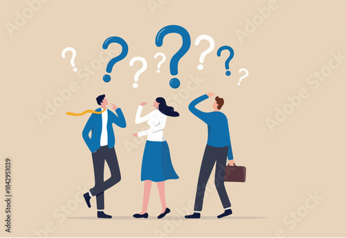 Confused people with confusion problem or doubt, lost in trouble or complexity, complicated questions or misunderstanding concept, businessman and businesswoman with many of confused question marks