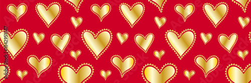 seamless red background pattern with repeating shiny gold filigree hearts and tiny triangular ornamental border valentines day celebration love romantic design